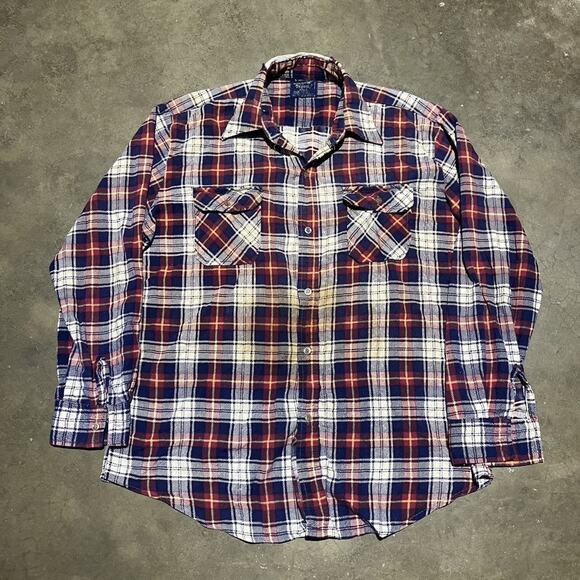 Vintage 70s Kingswell Kasuals Blue/Red Cotton Plaid Flannel - Picture 1 of 5
